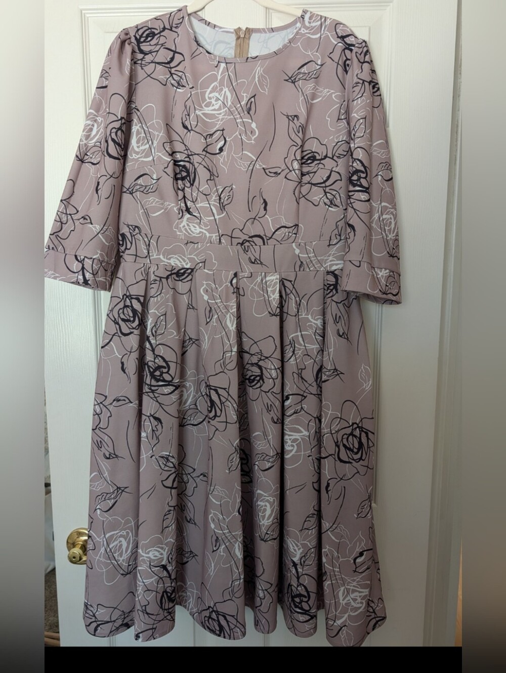 Elegant Taupe Floral Fit-and-Flare Dress